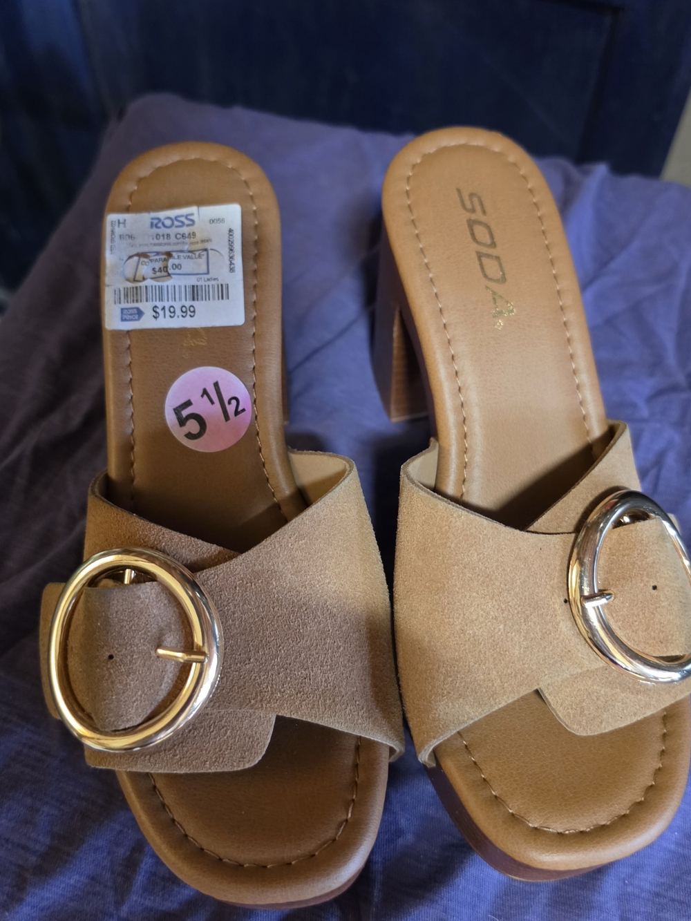 Soda Tan Suede Slide Mules with Gold Buckle